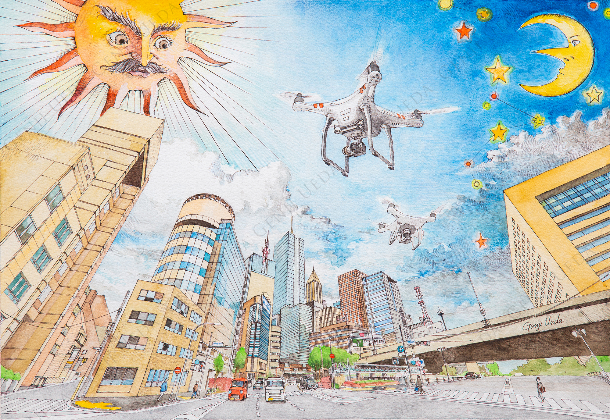 『依頼品　Drones-in-the-sky』2019年　素材：紙／ボールペン／水彩　■400×275-mm-